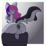 1:1 anthro anus big_breasts big_butt breasts butt felid feline genitals grey_body gynomorph hair hair_over_eyes huge_butt intersex looking_at_viewer mammal mephitid penis pink_hair puffy_anus purple_hair sitting skunk skunk_tail smile solo squishy_(squishyskunk) squishyskunk zaffyx