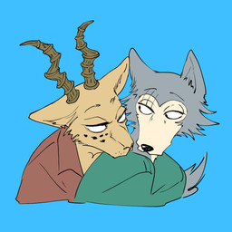 anthro clothing duo green_clothing green_shirt green_topwear head_on_shoulder male male/male red_clothing red_shirt red_topwear shirt topwear slpwk7_(artist) beastars legoshi_(beastars) melon_(beastars) antelope bovid canid canine canis felid gazelle hybrid leopard mammal pantherine wolf 1:1 hi_res