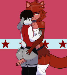 anthro balls big_breasts big_butt big_penis black_hair breasts brown_eyes butt clothing duo femboy fluffy fluffy_tail footwear fur genitals grey_body grey_fur gynomorph hair half-closed_eyes hand_on_butt huge_butt intersex intersex/male intersex_anthro long_ears looking_back machine male male_anthro narrowed_eyes penis red_body red_fur red_hair smile socks surprised tail tail_tuft tongue tongue_out touching_butt tuft yellow_eyes ivolflobogris fazclaire's_nightclub five_nights_at_freddy's fredina's_nightclub scottgames fexa_(cryptiacurves) ivolf_(character) ivuns_(character) animatronic canid canine fox lagomorph leporid mammal rabbit robot absurd_res hi_res