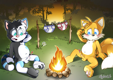 2_tails 5_fingers anthro balls bangs belly black_body black_fur black_nose blue_body blue_fur blush briefs campfire cheek_tuft chest_tuft clothing colored_seam_briefs colored_seam_underwear duo embarrassed erection exclamation_point eyebrows eyewear facial_tuft fangs fingers fire flower foreskin fur genitals glasses hanging_clothing hanging_underwear humanoid_genitalia humanoid_penis inner_ear_fluff male male/male multi_tail multicolored_body multicolored_fur navel nude orange_body orange_fur pawpads penis pink_nose plant smile sunset tail tan_body tan_fur teeth tighty_whities tree tuft underwear unretracted_foreskin unwanted_erection wet wet_briefs wet_clothing wet_underwear white_body white_briefs white_clothing white_fur white_underwear young alystaircat sega sonic_the_hedgehog_(series) miles_prower zander_oro canid canine domestic_cat felid feline felis fox mammal absurd_res hi_res signature