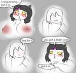 annoyed anthro black_hair blush breasts chin_scratch dialogue female hair human_on_anthro humor interspecies male male/female nipples text yellow_sclera oxkingky deltarune undertale_(series) catti_(deltarune) kris_(deltarune) domestic_cat felid feline felis human mammal 2024 english_text