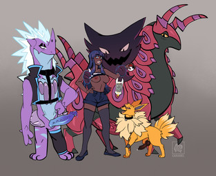 2_horns absolute_territory animal_genitalia animal_penis anthro big_penis black_penis bodily_fluids bottomwear breasts brown_body brown_skin canine_genitalia canine_penis clothed clothing collar dark_body dark_skin electricity erection female female_human feral footwear genital_fluids genital_slit genitals glans group hand_on_hip harness horn knot legwear male male_anthro male_feral neck_tuft open_clothing open_topwear open_vest penis precum purple_body raised_clothing raised_shirt raised_topwear red_body shirt shoes shorts spikes standing surrounded thigh_highs topwear tuft vest caramelroses nintendo pokemon arthropod eeveelution generation_1_pokemon generation_4_pokemon generation_5_pokemon generation_8_pokemon haunter human jolteon low_key_toxtricity mammal pokemon_(species) rotom rotom_phone scalie scolipede spirit toxtricity