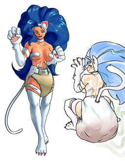 back_muscles big_diaper biped blue_eyes blue_hair bodily_fluids breasts claws clothed clothing crouching diaper embarrassed excessive_feces fangs feces feline_ears female front_view fur genital_fluids hair huge_diaper hyper hyper_feces hyper_soiling looking_at_viewer looking_back looking_back_at_viewer nervous nervous_sweat nipple_covers paws raised_tail rear_view soiled_diaper soiling solo stink_fumes sweat tail teeth unclean_diaper urine used_diaper wearing_diaper wet_diaper white_body white_fur eggddemon capcom darkstalkers felicia_(darkstalkers) animal_humanoid felid felid_humanoid feline feline_humanoid humanoid mammal mammal_humanoid 2026 digital_drawing_(artwork) digital_media_(artwork) hi_res