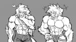 abs anthro biceps big_muscles bottomwear chest_tuft claws clothed clothing duo fangs fur hair hand_on_face jockstrap male muscular muscular_male obliques pecs shorts simple_background smile standing teeth topless triceps tuft underwear wolfmalro cheong_hwan canid canine canis mammal wolf 2017 hi_res monochrome