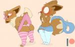 2018 3_toes 4_fingers absurd_res ambiguous_gender anime_nosebleed anthro backsash blood blue_clothing blue_eyes blue_panties blue_underwear blush bodily_fluids bottomwear brown_body brown_fur butt clothed clothing clothing_lift crossdressing digital_media_(artwork) duo eevee erection erection_under_clothing erection_under_skirt feet femboy fingers front-print_panties fur furgonomics generation_1_pokemon genitals hair heart_clothing heart_eyes heart_print heart_print_panties heart_print_underwear heart_symbol hi_res legwear looking_at_butt looking_at_panties looking_back male mammal nintendo nosebleed panties panties_bulge pattern_clothing pattern_legwear penis penis_poking_out pink_clothing pink_eyes pink_panties pink_underwear pokemon pokemon_(species) presenting presenting_hindquarters presenting_panties print_clothing print_panties print_underwear simple_background skirt skirt_lift smile stockings striped_clothing striped_legwear stripes tail tail_through_skirt thigh_highs toes underwear upskirt