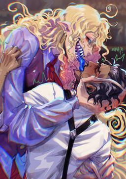 aquiline_nose blonde_hair blue_tongue blush bottomwear clothed clothing curly_hair duo hair humanoid_pointy_ears lips long_fingers male male/male not_furry pointy_ears sharp_teeth shirt smile teeth the_distortion_(tma) tongue topwear vest blackberreh the_magnus_archives beholding_(tma) jonathan_sims michael_shelley avatar_(tma) entity_(tma) human humanoid mammal spiral_(tma) digital_media_(artwork) hi_res