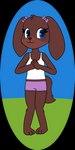 4_fingers anthro bare_shoulders biped blue_eyes bottomwear bow_(feature) bow_accessory bra_strap breasts brown_body brown_fur brown_nose cheek_tuft circle_background clasped_hands cleavage clothed clothing crop_top dog_ears dog_tail ear_bow eyelashes facial_tuft female fingers fully_clothed fur hands_together hands_together_elbows_apart leg_tuft looking_aside midriff outside paws purple_bottomwear purple_bow purple_clothing purple_shorts shirt shorts smile solo standing tail tank_top topwear tuft twin_bows twin_ear_bows white_clothing white_shirt white_tank_top white_topwear pazymomo evelyn_(pazymomo) bird_dog canid canine canis cocker_spaniel domestic_dog hunting_dog mammal spaniel 1:2 2022 alpha_channel digital_drawing_(artwork) digital_media_(artwork) flat_colors full-length_portrait hi_res portrait