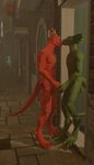 anthro duo hand_holding kissing love male nude public relationship tail j-and-b mythology redd_(j-and-b) valentine_(j-and-b) dragon mythological_creature mythological_scalie scalie 3d_(artwork) absurd_res digital_media_(artwork) hi_res