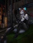 anthro biped boots clothed clothing female footwear graffiti looking_at_viewer outside shoes sitting solo trash urban elvofirida elysia_(shadowkitteh123) felid mammal