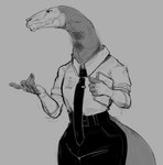 anthro bone bottomwear clipboard clothed clothing dress_shirt female fully_clothed long_neck necktie office_lady pants shirt simple_background skull skull_head solo topwear titanogoro monster unknown_species greyscale hi_res monochrome