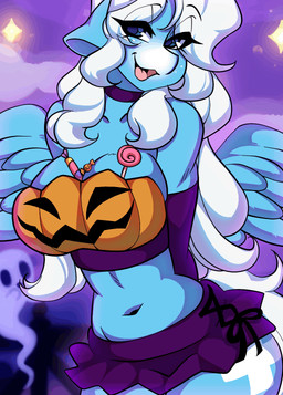 anthro blue_body bottomwear bouncing_breasts breasts candy clothed clothing cutie_mark dessert eyebrows female food holidays looking_at_viewer miniskirt navel open_mouth skirt wings tolsticot halloween hasbro my_little_pony mythology fan_character icy_heart equid equine ghost mammal mythological_creature mythological_equine pegasus spirit 2025 animated hi_res