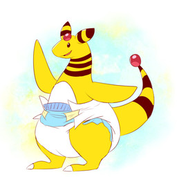 abstract_background ambiguous_gender anthro big_diaper black_ear_tips black_stripes clean_diaper clothed clothing diaper diaper_only dipstick_ears ear_markings flippers markings multicolored_ears open_mouth solo standing striped_ears striped_markings striped_neck striped_tail stripes tail tail_markings three-quarter_view topless wearing_diaper white_body white_diaper yellow_body fang29 nintendo pokemon ampharos generation_2_pokemon pokemon_(species) full-length_portrait hi_res portrait