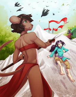 amber_eyes anthro barefoot clothed clothing danger feet female flag fur green_eyes grey_body grey_fur group hair horn long_hair male melee_weapon mountain multicolored_body multicolored_fur outside polearm skimpy spear tail two_tone_body two_tone_fur weapon white_body white_fur wind tokifuji avian bird hybrid mammal mouse murid murine rodent