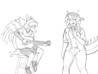 acoustic_guitar anthro breasts clothed clothing duo eyes_closed female guitar musical_instrument plucked_string_instrument simple_background string_instrument unknown_artist cavemanon_studios snoot_game amber_(snoot_game) maria_(snoot_game) aquilops ceratopsian dinosaur marginocephalian ornithischian prehistoric_species pterosaur reptile scalie 4:3 monochrome sketch