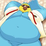 anthro beak belly big_belly blue_body blue_feathers bottomless bottomless_anthro bottomless_male clothed clothing eyewear feathers featureless_crotch fupa lying male navel obese on_back overweight solo sunglasses marumu_5656 animal_crossing nintendo wilbur_(animal_crossing) avian bird columbid dodo recently_extinct_species 1:1 hi_res