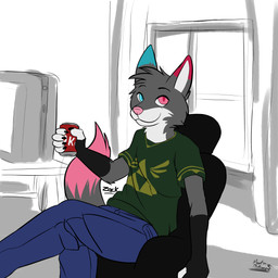 anthro beverage biped black_body black_claws black_fur blue_body blue_ears blue_eyes blue_fur bottomwear can chair cheek_tuft claws clothing computer container crossed_legs denim denim_bottomwear denim_clothing electronics facial_tuft fur furniture green_clothing green_shirt green_t-shirt green_topwear grey_body grey_ears grey_fur grey_hair grey_tail hair holding_beverage holding_can holding_container holding_object jeans looking_at_viewer male neck_tuft pants pink_body pink_eyes pink_fur pink_nose pink_tail red_body red_ears red_fur shirt short_hair sitting smile solo t-shirt tail topwear tuft white_body white_fingers white_fur white_inner_ear window martinballamore canid mammal 1:1 absurd_res hi_res signature