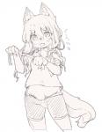 anthro clothed clothing female hair kemono long_hair looking_at_viewer open_mouth simple_background smile solo text white_background young young_anthro kohaku_q canid canine mammal japanese_text monochrome sketch