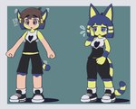 anthro blue_hair bottomwear clothing emanata female footwear gender_transformation hair male shoes shorts simple_background solo species_transformation transformation transformation_sequence yellow_body oagoner animal_crossing nintendo ankha_(animal_crossing) felid feline human mammal alternate_version_at_source