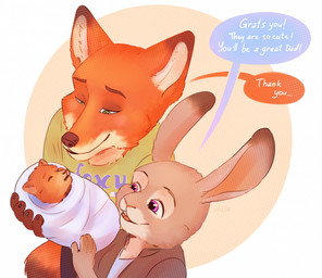 ambiguous_gender anthro buckteeth clothing female fur green_eyes grey_body grey_fur group jacket male multicolored_body multicolored_fur neonate open_mouth orange_body orange_fur shirt speech_bubble teeth text topwear trio two_tone_body two_tone_fur young young_anthro nlija disney zootopia judy_hopps nick_wilde canid canine european_rabbit fox hybrid lagomorph leporid mammal oryctolagus rabbit red_fox true_fox 2025 digital_media_(artwork) english_text hi_res father_(lore) father_and_child_(lore) mother_(lore) mother_and_child_(lore) parent_(lore) parent_and_child_(lore)
