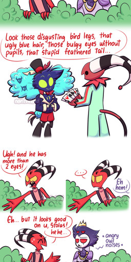 4_eyes 4_fingers 5_panel_comic aged_down angry animal_noises anthro beak black_body black_feathers blue_clothing blue_shirt blue_topwear bodily_fluids bottomwear card chest_tuft clothing clown_costume crossed_arms crown dialogue duo empty_eyes feather_hair feathers fingers fluffy fluffy_chest forehead_tattoo green_eyes green_onesie hat headgear headwear hiding_in_bushes hmph index_to_index insult magic_trick male multi_eye onesie outside parody pink_clothing pink_shirt pink_topwear plant playing_card pseudo_hair purple_clothing purple_shirt purple_topwear red_body red_bottomwear red_clothing red_eyes red_shorts red_skin shirt shorts shrub simple_background sleeveless_shirt small_hands smile stripes sweat tail tail_feathers talking_about_another text top_hat topwear tuft white_background white_face yellow_sclera young norithelord hellaverse helluva_boss asmodeus_(helluva_boss) blitzo_(helluva_boss) fizzarolli_(helluva_boss) stolas_(helluva_boss) avian avian_demon bird demon humanoid imp owl owl_demon 2022 absurd_res comic english_text hi_res