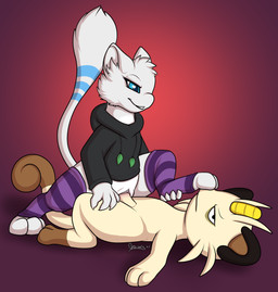 3_toes 4_claws 4_fingers anthro anthro_on_anthro anthro_penetrated anthro_penetrating anthro_penetrating_anthro biped black_clothing black_ears black_hoodie black_topwear blue_eyes blue_markings blue_stripes blue_tail bottomless bottomless_anthro bottomless_female brown_body brown_fur brown_inner_ear brown_markings brown_tail brown_tail_tip claws clitoris clothed clothed_anthro clothed_female clothing cowgirl_position curled_tail dipstick_tail duo erection eyelashes feet female female_on_top female_penetrated finger_claws fingers footwear from_front_position fur fur_markings genitals hoodie interspecies leg_markings legwear looking_down looking_down_at_another looking_down_at_partner male male/female male_on_bottom male_penetrating male_penetrating_female markings mouth_closed multicolored_tail nude nude_anthro nude_male on_bottom on_top pattern_clothing pattern_footwear pattern_legwear pattern_socks penetration penile penile_penetration penis penis_in_vagina pink_clitoris pink_vulva purple_clothing purple_footwear purple_socks purple_stripes raised_tail semi-anthro sex simple_background smile smiling_at_another smiling_at_partner smirk smirking_at_another smirking_at_partner snout socks socks_(marking) striped_body striped_clothing striped_footwear striped_fur striped_markings striped_socks stripes tail tail_markings teeth toes topwear two_tone_tail vaginal vaginal_penetration vulva white_body white_claws white_ears white_fur white_inner_ear white_nose white_penis white_tail itsdraconix nintendo pokemon fan_character tay_vee yuki_(side_b) felid feline generation_1_pokemon legendary_pokemon mammal meowth mew_(pokemon) pokemon_(species) 2025 absurd_res dated hi_res signature