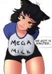 :3 big_breasts black_hair bottomwear breasts clothed clothing dialogue ear_piercing eye_bags female hair hanging_breasts mature_female piercing shirt shorts simple_background solo text text_on_clothing text_on_shirt text_on_topwear thick_thighs topwear yellow_eyes deee mega_milk rooster_teeth rwby kali_belladonna animal_humanoid cat_humanoid faunus felid felid_humanoid feline feline_humanoid humanoid mammal mammal_humanoid 2017 digital_media_(artwork) english_text hi_res meme