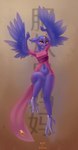 anthro avian_feet bottomless breasts brown_background claws clothed clothing ear_piercing eyelashes eyeshadow feathered_wings feathers female floppy_ears forehead_gem front_view fur gem halo looking_at_viewer lop_ears makeup navel piercing pink_clothing pink_eyeshadow pink_topwear prosthetic prosthetic_foot pupils purple_body purple_feathers purple_fur raised_arms simple_background slit_pupils small_breasts solo text thick_thighs topwear wide_hips winged_arms wings yellow_eyes falses_(artist) nine_sols red_candle_games gou_mang_(nine_sols) felid feline mammal solarian hi_res