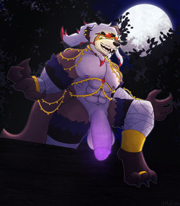 abs anthro balls bandage big_balls big_muscles claws clothed clothing dangling ear_piercing ear_ring facial_hair flaccid forest full_moon genitals glowing glowing_eyes glowing_genitalia glowing_penis goatee hair humanoid_genitalia humanoid_penis jewelry male moon muscular muscular_male navel night nipple_piercing nipples partially_clothed pecs penis piercing plant ponytail ring ring_piercing sharp_teeth solo spread_arms tail teeth toony tree nottsfw fox_(katsukrambles) hybrid mammal mustelid otter werecreature 2025 hi_res