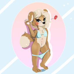 anthro artist bikini bikini_bottom bikini_top blonde_hair blue_eyes clothed clothing female flat_chested fluffy fluffy_chest genitals gesture hair partially_clothed pawpads simple_background solo swimwear two-piece_swimsuit underwear underwear_down vulva waving waving_at_viewer young young_female ham_sandwich12 canid canine canis domestic_dog mammal hi_res