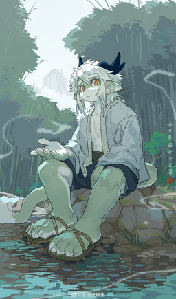 anthro asian_clothing black_bottomwear black_clothing bottomwear chinese_clothing clogs clothed clothing east_asian_clothing footwear green_body hair horn male red_eyes solo white_hair milkybot dragon_boat_festival mythology jiachen_(milkybot) dragon mythological_creature mythological_scalie scalie absurd_res hi_res