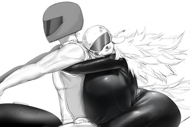 anthro big_breasts big_butt black_nose breasts butt duo female female_anthro floppy_ears huge_breasts hyper hyper_breasts male male_human motorcycle_helmet tail thick_thighs liodimor canid canine canis domestic_dog human mammal 2026 3:2 hi_res