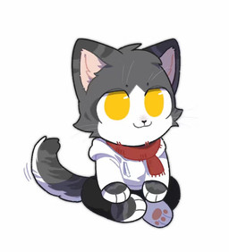 ambiguous_gender anthro black_bottomwear black_clothing black_nose black_pants bottomwear cheek_tuft chibi closed_smile clothed clothing countershading facial_tuft front_view fur glistening glistening_eyes grey_body grey_ears grey_fur grey_tail head_tuft motion_lines mouth_closed pants pawpads red_scarf scarf simple_background sitting smile solo striped_ears tail topwear tuft unsigned whiskers white_background white_body white_clothing white_fur white_tail white_topwear asnnonaka domestic_cat felid feline felis mammal full-length_portrait portrait