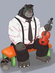 anthro black_body black_fur bottomwear clothing fur humanoid_hands kemono male musical_instrument necktie overweight overweight_anthro overweight_male pants shirt simple_background solo topwear hokolee32 felid feline mammal 2020 3:4