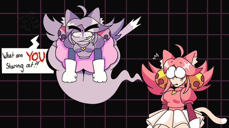 accessory angry animal_ears antenna_hair bell bodily_fluids bottomwear breasts butt butt_from_the_front cat_tail clothing constricted_pupils cowlick dipstick_tail duo eyebrows fangs female female_humanoid fist floating frilly frilly_bottomwear frilly_clothing frilly_skirt front_view geometric_background ghost_tail gloves grey_clothing grey_hair grid_background hair hair_accessory handwear huge_hips inner_ear_fluff jewelry looking_at_another markings medium_breasts necklace panties pattern_background pink_clothing pink_hair pupils short_hair simple_background skirt small_pupils sweat tail tail_markings teeth text text_box thick_eyebrows thick_thighs tied_hair tuft underwear white_clothing wide_hips loonie_cyootie deltarune undertale_(series) irritable_ghost_(deltarune) mad_mew_mew mew_mew_(undertale) pink_(deltarune) felid feline ghost humanoid mammal spirit 16:9 2026 digital_drawing_(artwork) digital_media_(artwork) english_text hi_res widescreen