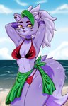 anthro beach big_breasts bikini black_nose breasts cheek_tuft choker cleavage clothed clothing cloud ear_piercing ear_ring eyebrows eyelashes eyeshadow facial_tuft female fur green_highlights hair hands_behind_head highlights_(coloring) jewelry legs_together makeup midriff navel necklace outside piercing pink_hair pose purple_body purple_eyelids purple_fur red_bikini red_clothing red_swimwear ring_piercing sand sarong seaside sky solo standing swimwear tuft two-piece_swimsuit water jollysart five_nights_at_freddy's five_nights_at_freddy's:_security_breach scottgames steel_wool_studios roxanne_wolf canid canine canis mammal wolf 2023 artist_name digital_media_(artwork) hi_res