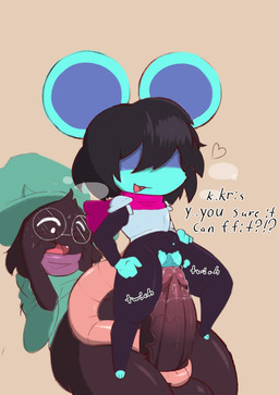 anthro anthro_on_anthro anthro_penetrated anthro_penetrating anthro_penetrating_anthro armor big_penis black_body black_clothing black_penis blue_body blue_vulva blush bodily_fluids body_blush bodysuit breath clitoral_hood clitoris clothing cute_fangs dialogue duo eyewear fangs female female_penetrated genitals glasses glistening glistening_body glistening_clothing green_clothing green_hat green_headwear green_robe hair hair_over_eyes hat headgear headwear heart_symbol imminent_sex lying male male/female male_penetrating male_penetrating_female open_mouth penetration penis penis_blush purple_scarf red_scarf robe round_glasses scarf sex simple_background size_difference skinsuit spread_legs spreading standing_on_another sweat sweatdrop tail tail_around_penis tail_fetish tail_play tan_background teeth text thick_thighs throbbing throbbing_penis tight_clothing vein vulva young young_female defunctumbra deltarune undertale_(series) kris_dreemurr ralsei bovid caprine goat mammal mouse murid murine rodent 2024 english_text hi_res