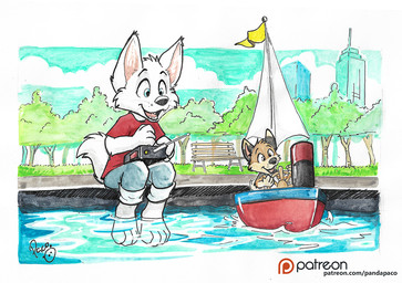 anthro barefoot bench blue_bottomwear blue_clothing blue_eyes blue_pants blue_sky bottomwear cheek_tuft clothed clothing cloud controller facial_tuft feet fur glistening glistening_eyes grass happy head_tuft logo male open_mouth open_smile outside pants patreon_logo plant red_clothing red_shirt red_t-shirt red_topwear remote_control shirt sitting sky smile solo t-shirt tail text topwear toy tree tuft water whiskers white_body white_fur white_tail young young_anthro young_male pandapaco patreon canid canine mammal artist_logo signature url