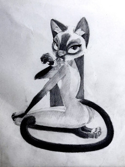 anthro cat_tail claws female hand_lick kneeling pose solo tail tongue tongue_out murkyvvaters felid feline mammal siamese_cat 3:4 absurd_res graphite_(artwork) hi_res pinup traditional_media_(artwork)