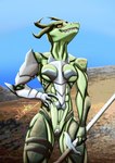 anthro armor bikini_armor blue_sky female green_body green_dragonborn green_scales half-swording horn melee_weapon muscular outside plains scales sky solo sword unconvincing_armor weapon yellow_eyes odoral567 dungeons_and_dragons hasbro wizards_of_the_coast dragonborn_(dnd) scalie absurd_res hi_res