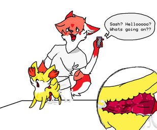 anal anal_knotting anal_penetration animal_genitalia animal_penis anthro anthro_on_feral bestiality blush bodily_fluids bottomless canine_genitalia canine_penis cellphone clothed clothing cum cum_in_ass cum_inside cumshot dialogue digitigrade dominant duo ejaculation electronics erection eyes_closed feral feral_penetrated genital_fluids genitals green_eyes greeting hair heterochromia internal interspecies knot knotting larger_dom larger_male male male/male male_on_feral male_penetrated male_penetrating male_penetrating_male open_mouth orgasm penetration penis phone purple_eyes quadruped sex shirt simple_background size_difference smaller_male smaller_penetrated smile tail text tongue topwear white_background backsash nintendo pokemon sash_(backsash) canid canine fennekin generation_6_pokemon mammal pokemon_(species) english_text