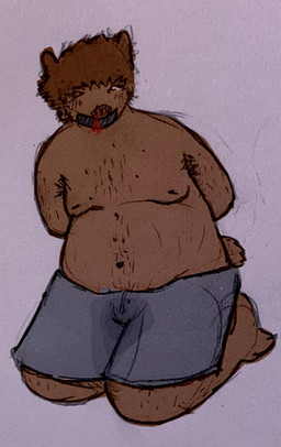 anthro blood bodily_fluids boxers_(clothing) boxers_only clothed clothing genital_fluids implied_abuse implied_kidnapping kneeling male overweight overweight_male peed_in_pants questionable_consent solo topless underwear underwear_only urine bleerghblegg bear mammal hi_res