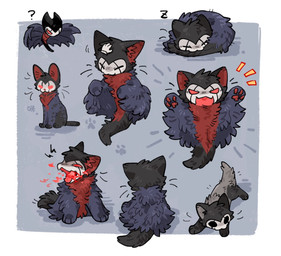 ambiguous_gender black_eyes empty_eyes feral fire floating_hands fur grey_body grey_fur headpat mouth_closed open_mouth open_smile paws question_mark red_body red_eyes red_fur sleeping smile solo sound_effects vowelless vowelless_sound_effect wings zzz aaasakawa hollow_knight_(franchise) team_cherry grimmchild_(hollow_knight) arthropod felid feline mammal 2026 hi_res