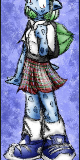abstract_background accessory anthro backpack blue_body blue_skin bottomwear claws clothed clothing female green_hair hair hair_accessory hairband plant pokemorph red_eyes scales school_uniform skirt solo standing student uniform zarla nintendo pokemon bulbasaur elemental_creature flora_fauna generation_1_pokemon pokemon_(species)