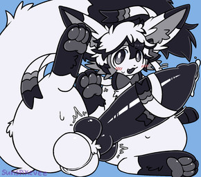 animal_genitalia animal_penis balls big_balls big_penis blush bodily_fluids canine_genitalia canine_penis erection feral fur genital_fluids genitals hair huge_penis hyper hyper_genitalia hyper_penis knot looking_at_viewer male open_mouth penis presenting simple_background smile solo tail thick_thighs white_body wide_hips sunspikevee nintendo pokemon eeveelution generation_6_pokemon mammal pokemon_(species) sylveon digital_media_(artwork) hi_res