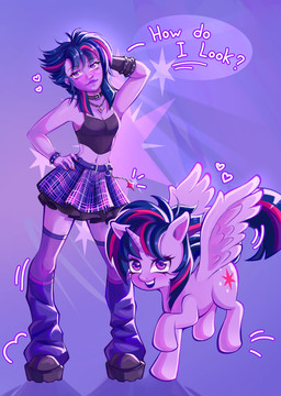 alternative_fashion belt boots bottomwear chain clothing collar duo female feral footwear hands_behind_head horn jewelry leg_warmers legwear lips navel necklace pattern_clothing pattern_shirt pattern_topwear plaid plaid_clothing plaid_shirt plaid_topwear scene_(fashion) shirt shoes skirt smile stockings tank_top topwear wings diamondsketch friendship_is_magic hasbro my_little_pony mythology twilight_sparkle_(mlp) equid equine human mammal mythological_creature mythological_equine winged_unicorn absurd_res hi_res