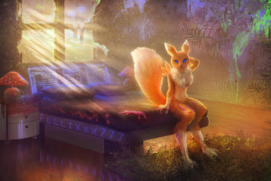 anthro bed black_sclera blue_eyes chest_tuft clothing detailed_background digitigrade dipstick_tail dream female fungus fur furniture gloves handwear markings multicolored_tail mushroom neon solo sun tail tail_markings tuft white_body white_fur yellow_body yellow_fur fellixxx fellixxx777 bandai_namco digimon canid canine digimon_(species) mammal renamon 2017 hi_res