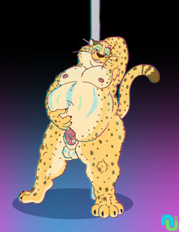 4_fingers 4_toes anthro armpit_hair armpit_tuft balls belly big_cheeks bodily_fluids body_hair chubby_cheeks dancing feet fingers fur genital_fluids genitals looking_at_viewer male markings nipples nude overweight overweight_anthro overweight_male penis pole pole_dancing precum smile solo spots spotted_body spotted_fur toes tuft whiskers yellow_body yellow_fur nenanauso disney zootopia benjamin_clawhauser cheetah felid feline mammal 2022 digital_media_(artwork)