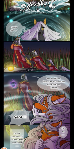 asian_clothing clothing duo east_asian_clothing female japanese_clothing kimono lamp lantern looking_at_another peeping pond shocked text time_lapse water azaleesh amira_no_kogane samira_weissklaue canid canine fox mammal comic digital_media_(artwork) english_text hi_res url