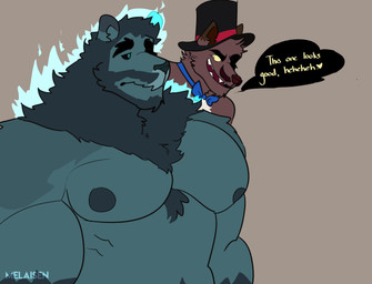 anthro barazoku beard black_clothing black_eyebrows black_hat black_headwear black_sclera black_speech_bubble black_top_hat blue_body blue_bow_tie blue_eyes blue_fire blue_fur bow_tie brown_body brown_ears brown_facial_hair brown_fur brown_mustache brown_nose clothing colored_fire duo eyebrows facial_hair fire fur grey_background hat headgear headwear male male_anthro mane musclegut muscular muscular_anthro muscular_male mustache nipples open_mouth open_smile pecs simple_background smile speech_bubble teal_beard teal_body teal_ears teal_facial_hair teal_fur teal_mane teal_nipples teal_nose teeth text top_hat yellow_sclera yellow_text melaisen bernard_(melaisen) demon felid lion mammal pantherine 2022 absurd_res digital_drawing_(artwork) digital_media_(artwork) half-length_portrait hi_res portrait