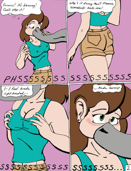 ambiguous_gender annoyed aroused blush breast_grab breast_play breasts cleavage clothed clothing cross-popping_vein duo elephant_ears female feral grabbing_own_breast grey_body grey_skin hand_on_breast inflation map mid_transformation midriff nipple_outline pamphlet proboscis_(anatomy) sign sound_effects text thought_bubble transformation transformation_sequence trunk_(anatomy) tusks vivarium what zoo_(facility) skyhammer elephant elephantid human mammal proboscidean comic english_text